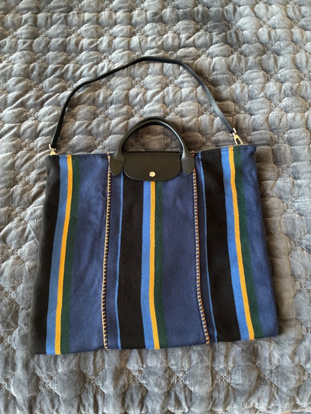 Longchamp Navy Tote with Multicolor Stripes and Blk Leather Detachable Straps